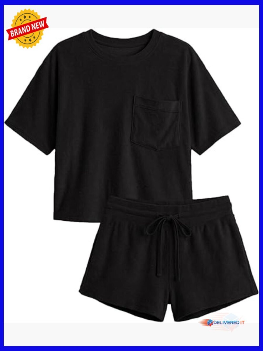 Cotton Loungewear Set with Short Sleeve Top and Drawstring Shorts
